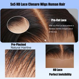 Rolisy Bob Wig Human Hair Glueless Wigs Human Hair Pre Plucked Pre Cut 5x5 HD Lace Closure Wigs Middle Part Glueless Wigs Short Bob Straight Wigs For Black Women Natural Color 10inch