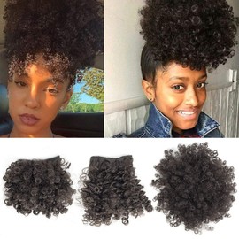 Afro Puff Drawstring Ponytail with 2 Bangs Afro High Puff Bun with Spring Curl Bangs and Afro Puff Bangs Clip in Hairpieces Pineapple Updo Ponytail with Bangs(2#Natural Black）