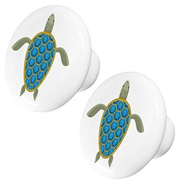 Set of 2 Sea Turtle with Blue Shell Ceramic Cabinet Drawer Knobs