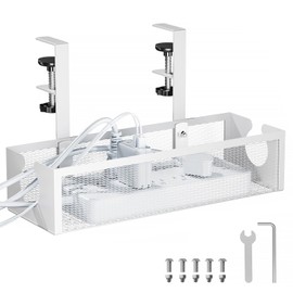 YECAYE No-Drill Metal Under Desk Cable Management Tray, Power Strip & Cable Organizer for Home Office,Under Desk Storage,Organizer Tray,White