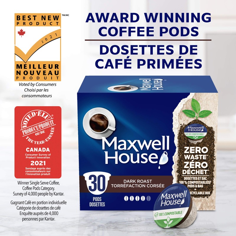 Maxwell House Dark Roast Coffee 100% Compostable K Cup Pods,