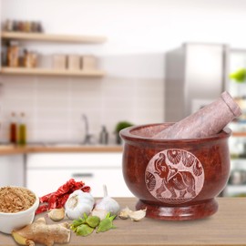 Divit Shilp Mortar and Pestle, Made of Heavy Duty Polished Hard Stone, Natural Stone Grinder For Spices, Pastes, Herbs, Seasoning etc. (Brown Elephant)