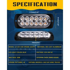 DEFVNSY 4-Pack Super Bright Amber 12-LED 12V 24V 36W Car Truck Warning Warning Construction Emergency Beacon Waterproof Flash Warning Strobe Bumper Grill Tail Work Light Bar