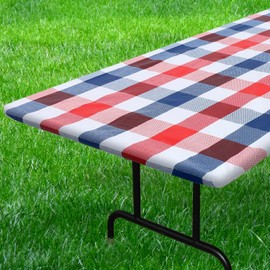 Fitable Fourth of July Tablecloth with Elastic, Waterproof Vinyl Fitted Table Cover Flannel Backing Outdoor Indoor Tablecloth for 30"*72" for Picnic Party Folding Table, Blue and Red Gingham