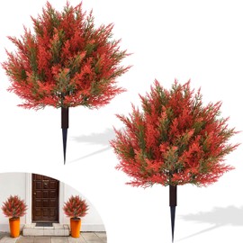 2pack 23Inch Realistic Artificial Autumn Plant Balls Simulation Cedar Trees, UV Resistant Artificial Fall Fake Bushes for Outdoor Garden Porch Farmhouse Kitchen Office Potted Plant Decoration