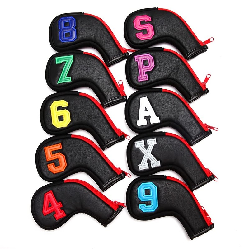 Colorful Number Black PU Golf Club Irons HeadCover Zipper 10pcs