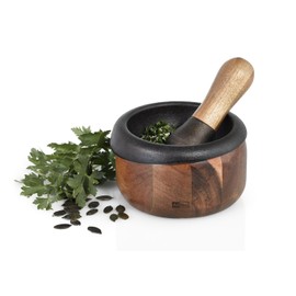 AdHoc MO20 CRUSH Pestle & Mortar | Cast Iron/Acacia Wood | Spice Grinder/Herb Grinder | (H)75mm x (D)130mm | Brown/Black