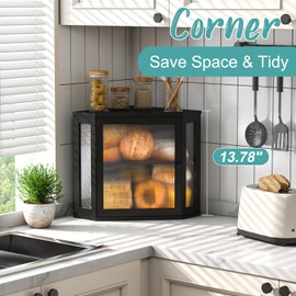 Vriccc Corner Bread Box, Bamboo Bread Box for Kitchen Countertop, 2 Tier Wooden Bread Storage, Black