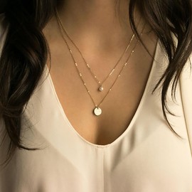 Iaceble Boho Layered Pearl Necklace Gold Textured Disc Coin Necklace Tiny Pearl Choker Necklace Engraved Coin Pendant Necklace Jewelry for Women and Girls
