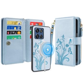 Lacass Compatible with Moto G Stylus 5G 2025/2026 Detachable Wallet Case,Compatible with MagSafe,[Cards Theft Scan Protection],Magnetic Case Stand PU Leather Zipper(Floral Sky Blue)