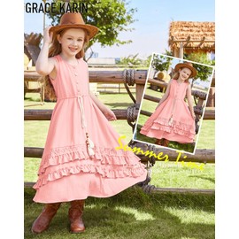GRACE KARIN Kids Maxi Dress Size 7-8 Pink Summer Spring Party Easter Button Down Ruffle A-Line Sleeveless Sundress