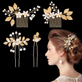 Kiiwah Set of 4 Hair Accessories Wedding Pearl Flower Bridal Hair Comb Rhinestone Bridal Hair Pins for Communion Girls Bride Bridesmaid (Gold)