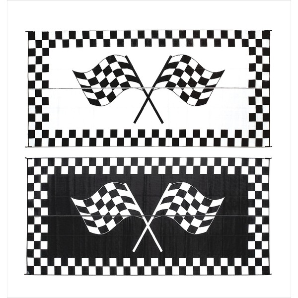 Ming's Mark RF-8201 Stylish Camping Reversible Classical Patio Mat - 8' x 20', black w/ white, racing flags