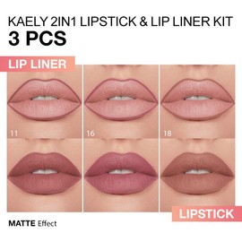 Kaely 3Pcs Gradient Matte Lip Liner Pencil & Lipstick Crayon Combo Set for Women, 2in1 Flawless Contour Gradual Ombre Effect Lip Pencil Makeup Waterproof, labiales mate 24 horas originales, 11+16+18