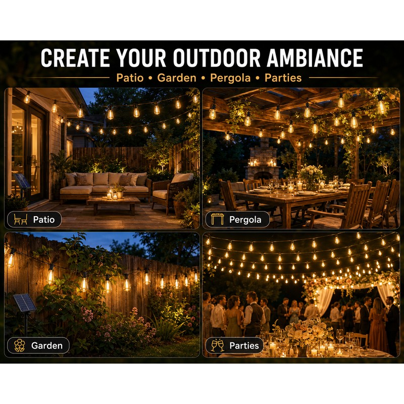 Solar Outdoor String Lights for Patio – Remote Control, Dual