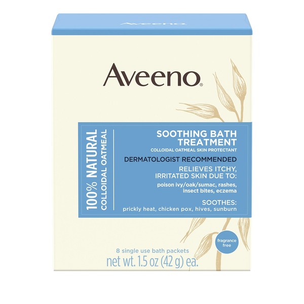 Aveeno Soothing Bath Treatment with 100% Natural Colloidal Oatmeal for Treatment & Relief of Dry, Itchy, Irritated Skin Due to Poison Ivy, Eczema, Sunburn, Rash, Insect Bites & Hives, 8 ct.