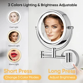 GURUN Wall Mounted Hardwired Makeup Mirror with 3 Tones Dimmable LED Lights 10x Magnifying Mirror with Touch Control for Bathroom Bedroom 13" Extendable Arm Direct Wire M1809D-T(10x,Chrome)