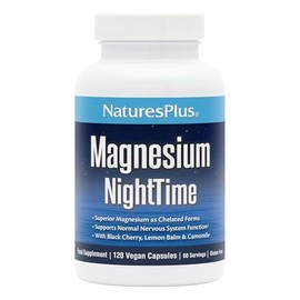 NaturesPlus Magnesium Night Time - Magnesium Glycinate and Taurate Supplement with L-Theanine, Ashwagandha, Lemon Balm, B6, Hops - Vegan, Gluten Free - Capsules
