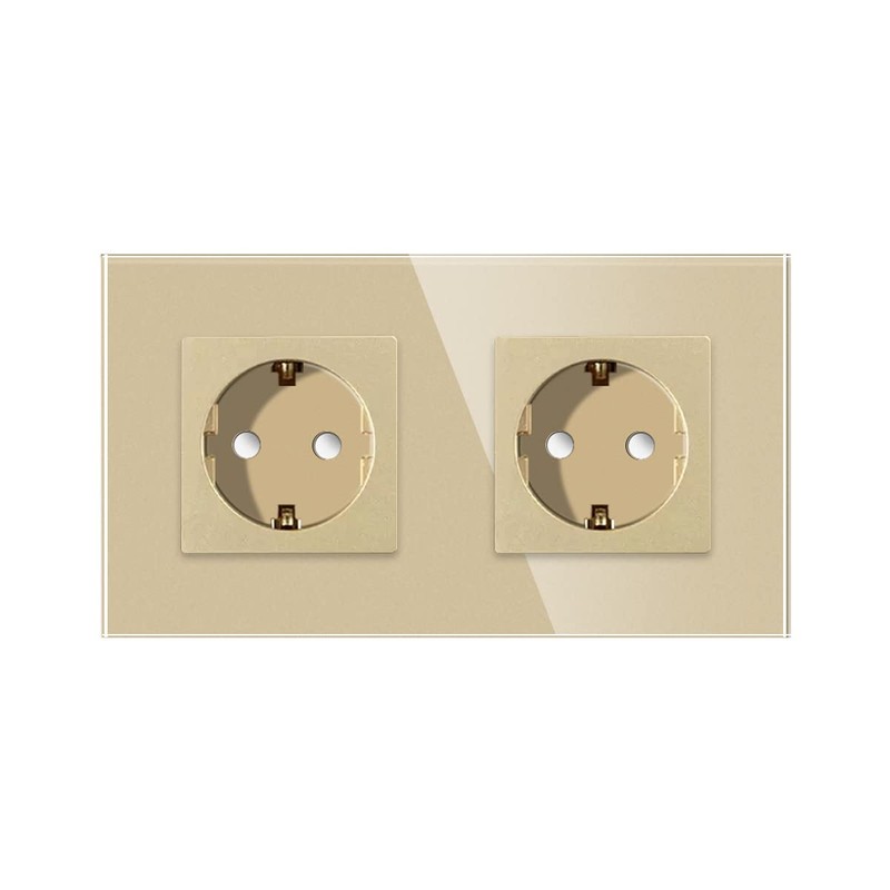 CNBINGO Glass Schuko Socket, Flush-Mounted, Double Wall Socket, Gold, with