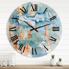 Designart 'Boats and Buoys in Blue Pastel Harbor' Traditional wall clock - 36 in. high, 36 In. Wide