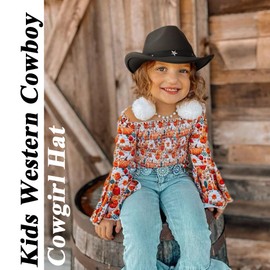 DRESHOW Cowboy Cowgirl Hat for Boys Girls Classic Western Felt Fedora Belt Buckle Retro Panama Hats Unisex Rolled up Caps for Kids 4-12 Years