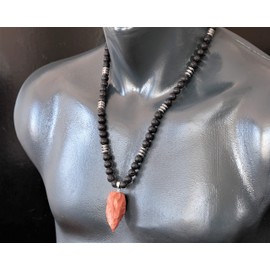 Natural Raw Red Jasper Pendant, Genuine Lava Stone Beaded Necklace, Black Necklace, Gemstone Strong Necklace, 8mm Beads, Meditation Jewelry, Healing Crystal Chakra Necklace, Unique Stone Necklace
