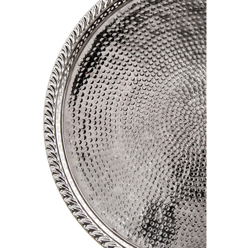 Oriental Round Brass Tray Silver-Plated Mahra, Moroccan Tea Tray in
