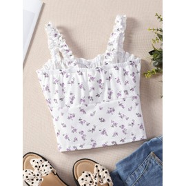 SOLY HUX Girl's Ditsy Floral Print Frill Trim Cami Crop Top Cute Summer Tops Preppy Clothes White Floral 9Y