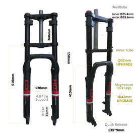 CDHPOWER 26" Air Suspension Bicycle Fork 4.0" Fat Tire Bike Fork, Double Shoulder w/ 1-1/8" Headset Combo, 9mm*135mm QR, Disc Brake 1-1/8inch Steerer E-Bike/MTB