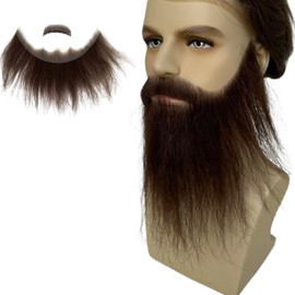 Voloria Fake Beard Human Hair Full Hand Tied Facial Hair False Beards Lace Invisible Face Mustache for Party Makeup Cosplay Costume Party 6-7INCH (Brown Color)
