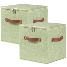 VinneGenzz 2PCS Storage Cubes with Lid Fabric Storage Bins Boxes PU Leather Handles Cotton Linen Closet Organizer Container Decorative Foldable Washable Shelf Cloth Basket (Zipper Lid, Green, 11in)