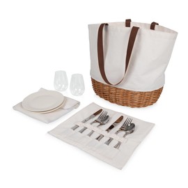 PICNIC TIME Promenade Picnic Basket for 2, Canvas and Willow Picnic Set - Includes Utensil Set, Glasses, and Plates, (Beige Canvas)