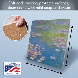 Thirstystone Monet Water Lilies Decorative Heat Tolerant Stone Trivet with Non-Skid Cork Backing 8” Square Artistic, Durable, Easily Wipes Clean