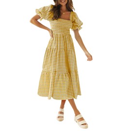 ZESICA Women's 2025 Bohemian Summer Plaid Square Neck Puff Sleeve Ruffle Flowy Beach Midi Dress,Ginger,Medium