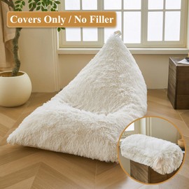 XeGe Fluffy Kids Stuffed Animal Storage Bean Bag Cover (No Filler), Plush Fuzzy Faux Fur Beanbag Organizer with Handle for Teens Girls Adults, Shaggy Furry Plush Toys Holder Floor Lounger Chair, Beige