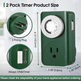 Dreyoo 2 Pack Christmas Mechanical Outlet Timer, 24 Hour Plug In Light Timer, Electric Outlet Mechanical Timer for Lighting Outdoor and Indoor, 3 Prong Wall Timer Switch for Lamps Fans, Green