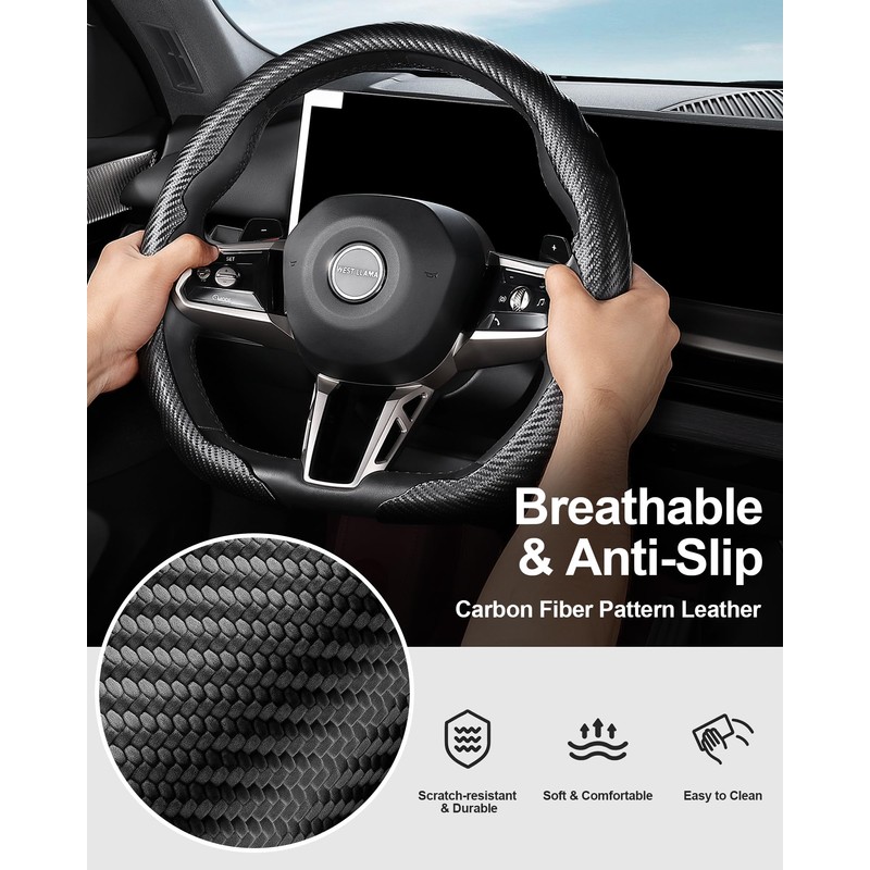 West Llama Flat Bottom Car Steering Wheel Cover,D-Shaped Carbon Fiber
