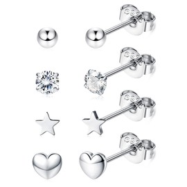 Kakonia 925 Sterling Sliver Tiny/Small Stud Earrings Set for Women Girls Cubic Zirconia Earrings Cartilage Helix Ear Piercing Star Ball Heart Earrings