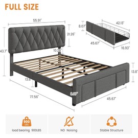 IDEALHOUSE Upholstered Full Size Bed Frame, Velvet Platform Bed Frame with Storage Drawers, Mattress Foundation with Solid Wooden Slats Support, No Box Spring Needed, Grey