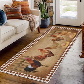 Vintage Chick Runner Rug For Hallways 2x6ft,Farmhouse Brown Hen Red Rooster Washable Rugs,Farm Animal Non Slip Kitchen Kitchen Mats For Floor,Rustic Stain Resistant Carpet Runner For Entrance Bedrooms