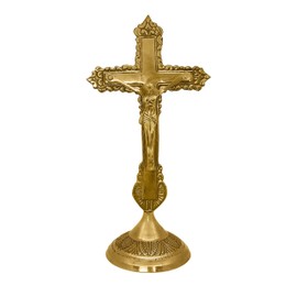 Genieland 9 Inch Antique Brass Jesus Crucifix For Catholic Church Alter. Gold Finished Chapel Standing Ornate Tabletop Cross For Office and Home Decor Housewarming Return Gift Item Bulk