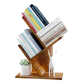 R RUISHENG Wood Tree Bookshelf, 3 Shelves Display Bookcase for Books/Magazines/CDs, Desk Standing Book Shelves Organizer for Office, Bedroom, Living Room
