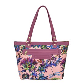 Anuschka Zip Top City Tote-Wanderlust Collection-Nylon Fabric with Leather Trim and Artwork Print, Dragonfly Garden