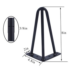 Osring 8 Inch Hairpin Table Legs with 3/8" Dia 3-Rods, Mid-Century Metal Furniture Feet 4pcs for Coffee Table and Patio Bench, Black Hairpin Leg with Floor Protector for Home DIY Project