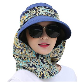 Gorra de visera de ala ancha para mujer, protección UV UPF 50+, sombrero de sol con solapa de cuello de velo desmontable y corona, sombrero de playa de verano, Azul oscuro, One Size