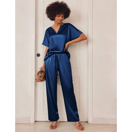 Ekouaer Satin Womens Pyjamas Sets Loungewear with Drawstring Cosy Nightwear Short Sleeve Top and Pjs Set,Navy Blue,XL