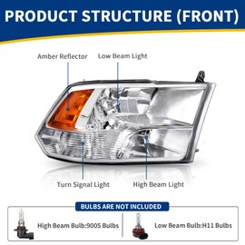 AUTOSAVER88 Headlight Assembly Compatible with 2009-2018 Dodge Ram 1500/2010-2018 Dodge Ram 2500 3500/2019-2022 Ram 1500 Classic Pickup QUAD Chrome Housing with Daytime Running Lamps
