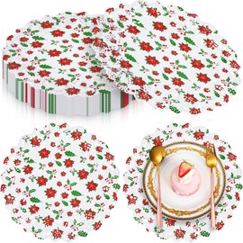 Cinnvoice 100 Pcs Christmas Paper Doilies 12" Disposable Lace Doily with Poinsettia Flower Xmas Round Foil Lace Paper Doily Place mats for Cakes Crafts Christmas Holiday Party Table Top Decorations