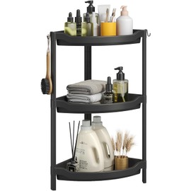 Estante Organizador de Plástico, Estantería de Almacenamiento para Cocina, Baño y Hogar con Diseño Ventilado, Ganchos y Montaje sin Herramientas (Negro, Esquinero · 3 Niveles · 44 × 31 × 70 cm)