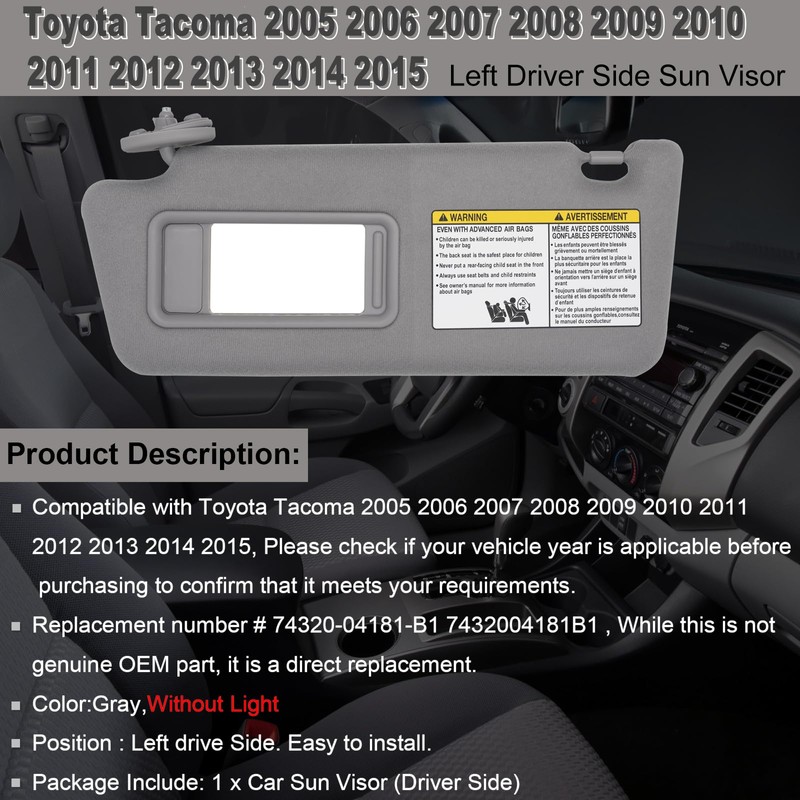 NHILES Left Driver Side Sun Visors Compatible with Toyota Tacoma